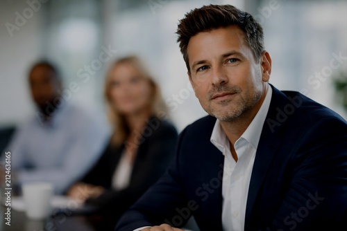 Confident businessman in dark suit and white shirt, looking directly at camera with colleagues blurred in background, office meeting setting, modern corporate environment, soft