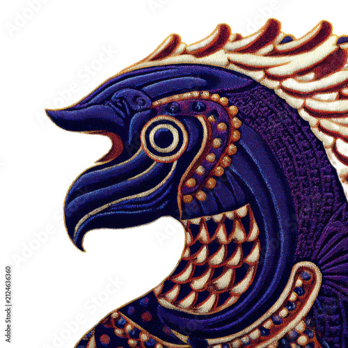Ornate Mythical Bird Embroidery Art on White Background