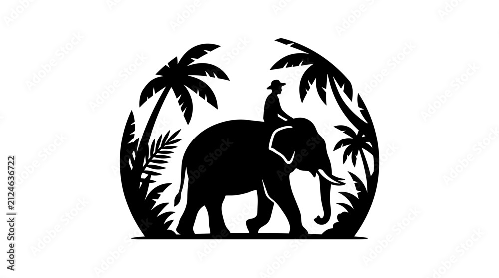 Obraz premium Silhouette of an elephant with a rider in a jungle setting.