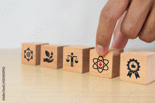 Core values, corporate values concept. Company culture and strategy related to business, customers, people, and company growth. Principles guiding company actions. Core values icon on flat wooden cube