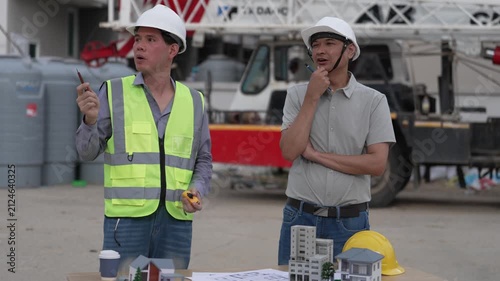 Architect and Civil Engineer Discussing Building Plans with Architectural Models and Blueprint on Worktable