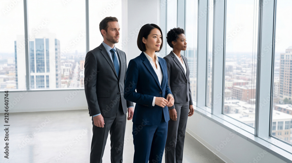 Fototapeta premium Diverse business team of professional executives looking through an office window at the city skyline