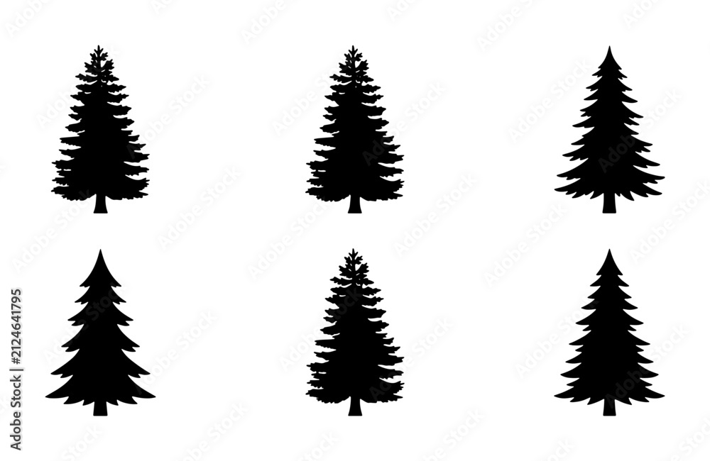 Obraz premium Six Black Pine Tree Silhouettes, Evergreen Forest Icons, Nature Vector Graphics