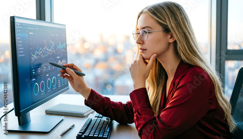 Focused young female financial analyst analyzing stock market data on computer screen in modern office. Serious business woman pointing at dashboard showing charts and graphs for data optimization. 