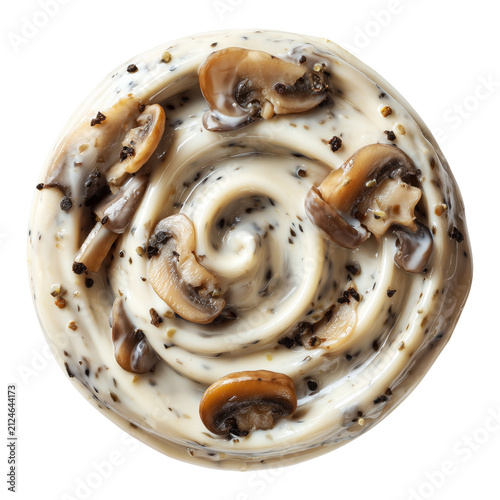 Top view of creamy mushroom sauce swirl isolated on white background with clipping path, concept of gourmet cooking