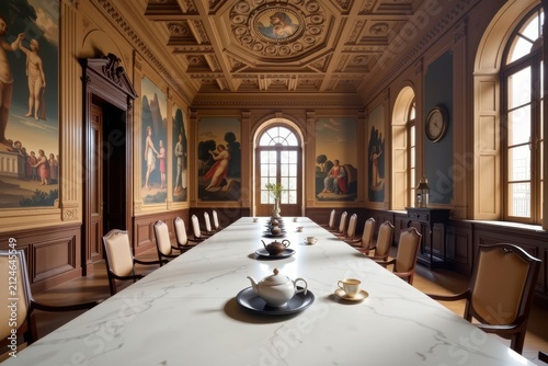 Grand dining room with ornate frescoes and marble table
