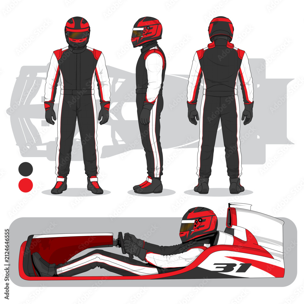 Obraz premium Race Car Driver in Red Suit Front, Side, and Back Views Illustration Set
