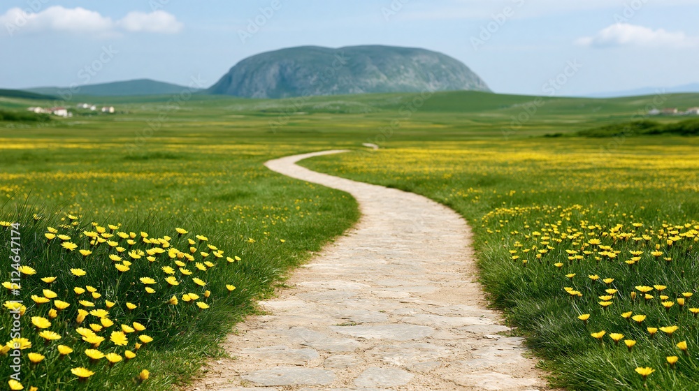 Obraz premium Scenic winding stone path through a vibrant green meadow filled with yellow wildflowers leading towards distant rolling hills and a mountain