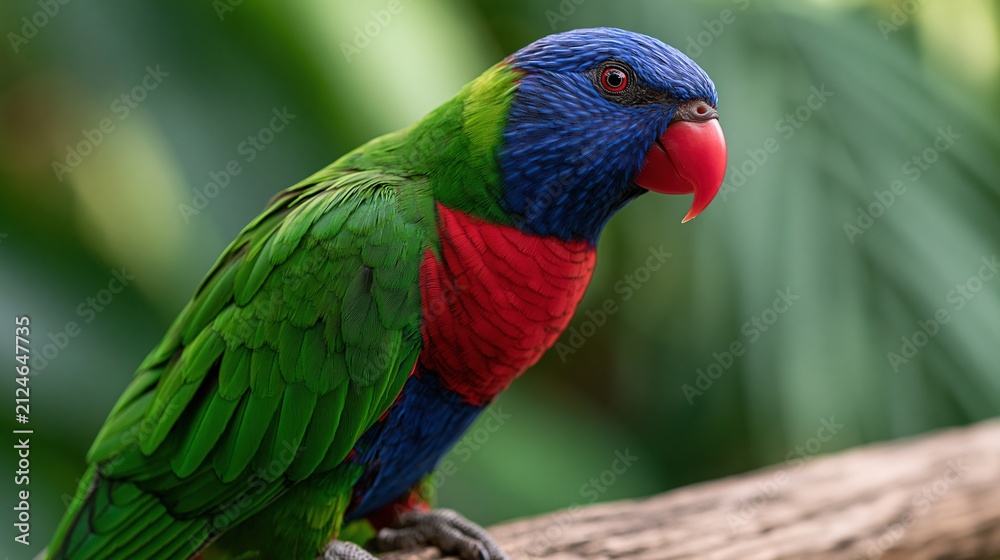 Obraz premium Vibrant Rainbow Lorikeet Parrot Perched on a Branch with Lush Green Foliage Background