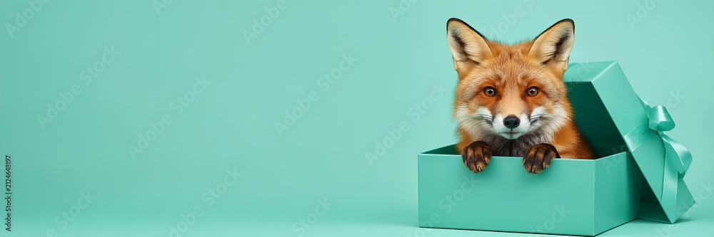 Fototapeta premium Cute red fox sitting inside a teal gift box with a bow. Surprised animal in a present package. Surprise gift concept with copy space on the left.