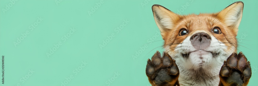 Fototapeta premium Cute fox raising paws up. Close up portrait of fox looking up with big eyes against teal background. Wildlife nature concept for friendship and animal love.