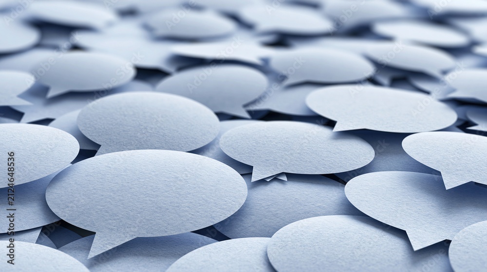 Obraz premium Numerous light blue paper speech bubbles scattered and overlapping, symbolizing communication and ideas