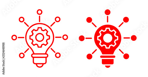 creative light bulb idea icon with gear concept in red outline and solid style representing innovation thinking solution isolated png design.