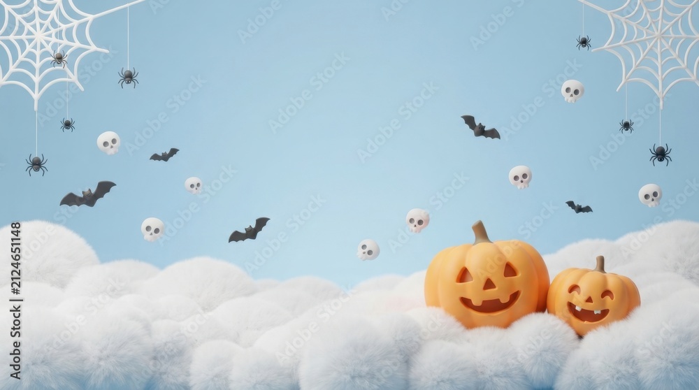 Naklejka premium Cute Halloween pumpkins on cotton clouds background