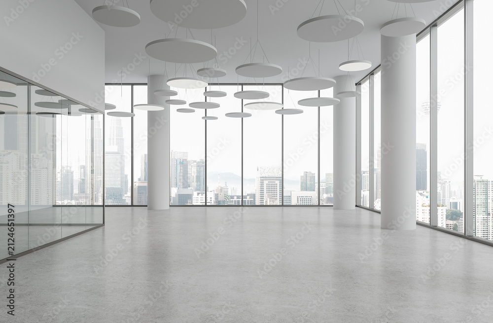 Fototapeta premium Modern office interior with circular pendant lights, minimalist style, concrete floor, city skyline background, business concept. 3D Rendering