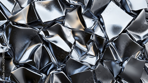 Crumpled metallic surface with shiny reflections and intricate folds creates dynamic visual texture