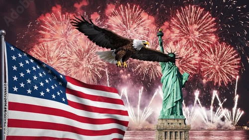 American Eagle Flies Over Flag, Statue of Liberty, Fireworks Celebration