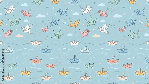 Seamless Pattern with Origami Paper Birds and Boats on Blue Background.