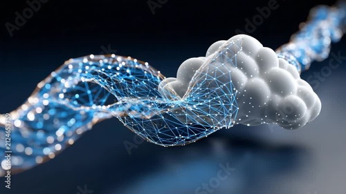 Abstract Digital Nexus: A stunning visual representation of interconnectedness, where glowing blue digital pathways merge with a cluster of white cloud-like forms.