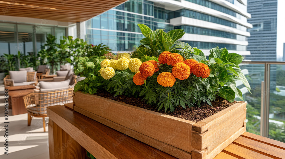 Fototapeta premium Potted marigold flowers on a high rise balcony terrace in the city with marigolds, container