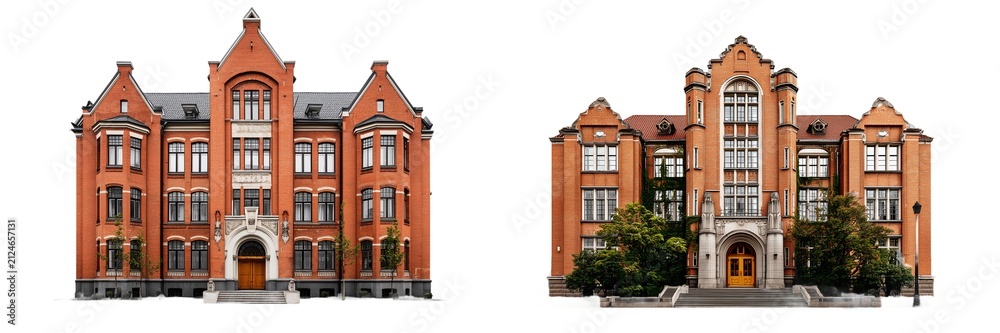 Fototapeta premium Red Brick University College Campus Buildings Set. PNG. Generated AI