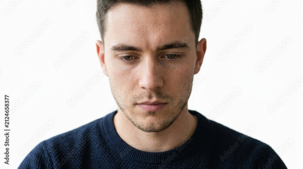 Obraz premium Close up portrait of a pensive young man looking down with a serious expression isolated against a plain white background for emotional concepts