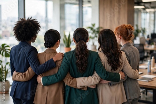 Diverse businesswomen standing arm in arm in modern office for Women's Equality Day