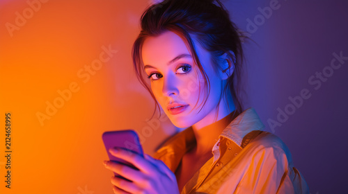 Young woman using smartphone with glowing screen. Female professional checking messages on mobile device in vibrant neon lighting.
