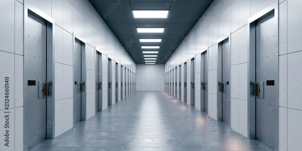 Fototapeta premium A modern, sterile corridor lined with identical doors under bright fluorescent lights. The long hallway stretches into the distance, creating a sense of repetition and order