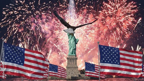 Eagle flies over Statue of Liberty with American flags and fireworks