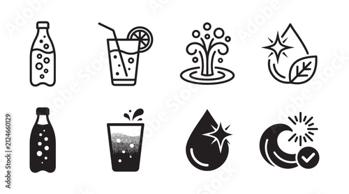 Refreshment and water purity vector icon set featuring beverage bottles glasses fountain and eco friendly water drops