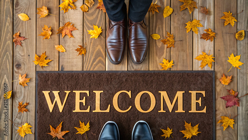 Autumn welcome home sign with shoes at front door. Cozy seasonal fall decor greeting guests with rustic wooden porch charm.