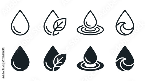 Collection of water drop icons with ripples and waves linear and solid vector illustrations collection background
