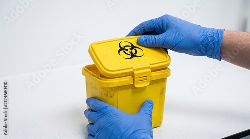 Person in blue gloves handling yellow biohazard sharps disposal container in clinical setting