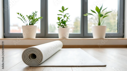 Neatly rolled white yoga mat on wooden floor near window. Fitness equipment for home workout and meditation setup with green plants.