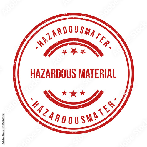 Red round rubber stamp with hazardous material text and star icons