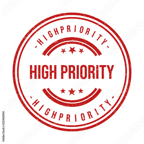 Red round rubber stamp with high priority text and star icons design