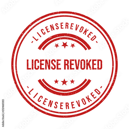 Red round rubber stamp icon with the text license revoked inside it