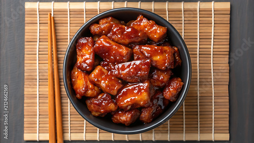Glazed savory meat pieces in dark bowl on bamboo mat. Crispy caramelized pork bites ready for Asian cuisine plating.