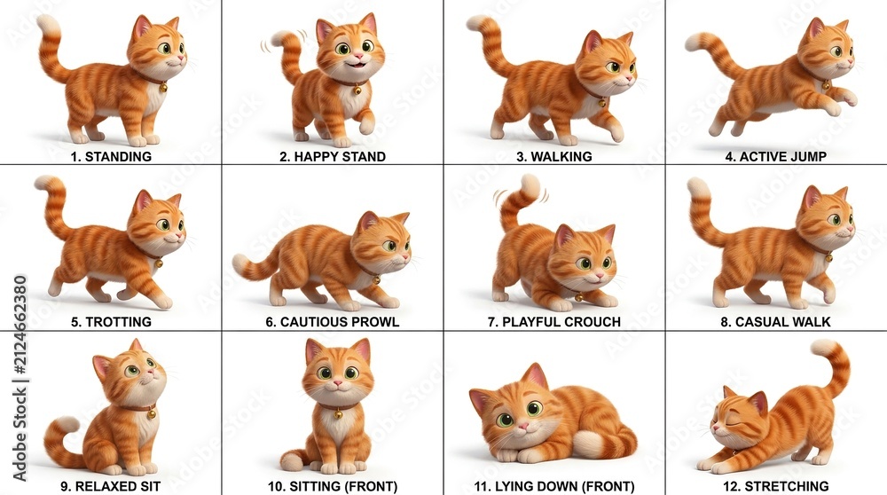 Obraz premium A delightful collection of twelve unique poses featuring a charming orange tabby cat, showcasing various actions and emotions from standing to stretching, perfect for animal lovers and pet-related co.