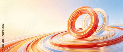 Two interlocking glowing transparent orange and white circular rings standing on concentric wavy layers on soft warm gradient background, modern futuristic abstract design for technology presentation