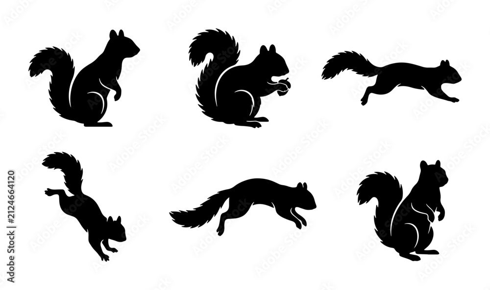 Obraz premium Squirrel Silhouettes: Six Vector Poses of Rodents in Motion, Forest Wildlife Icons