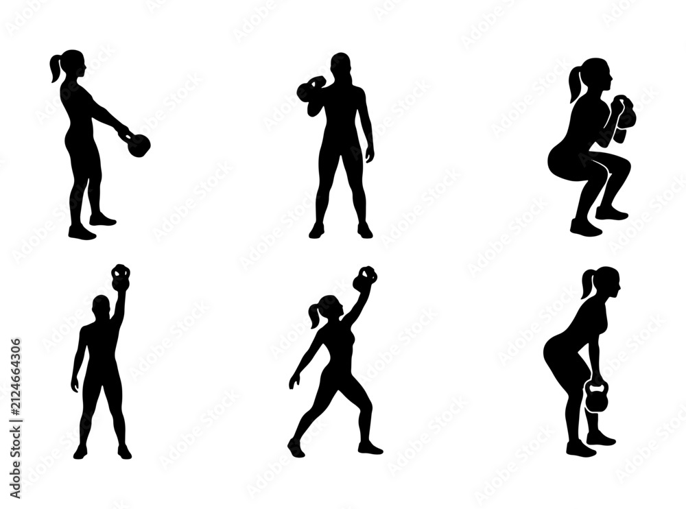Obraz premium Kettlebell Workout Silhouettes, Female Fitness Exercises, Strength Training Poses, Vector Set