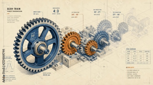 Obraz na płótnie Mechanical Gear Train Technical Vector Illustration