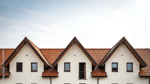 Modern suburban townhouses with red tiled roofs. Contemporary residential architecture in a sunny neighborhood setting.