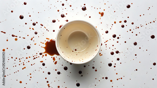 Overturned white coffee cup spilling dark liquid. Accidental beverage spill with scattered coffee beans on surface.