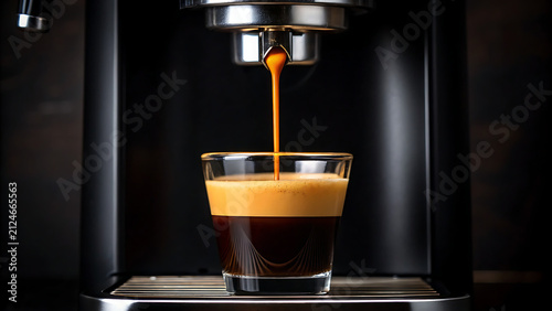 Espresso machine pouring fresh coffee into glass cup. Barista-style brewing with rich crema and hot steam rising.