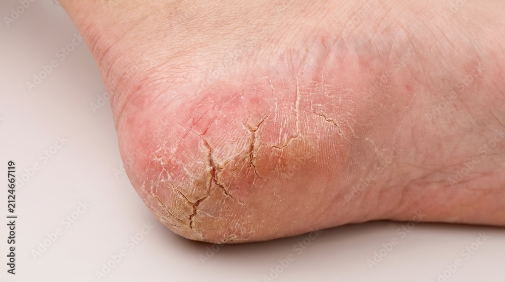 Fototapeta premium Close up of dry cracked human heel skin with redness and painful fissures
