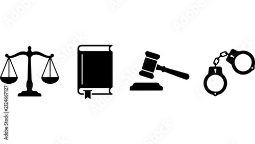 Set of black law and justice icons including scales, book, judge gavel, and metal handcuffs