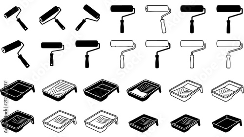 Set of black and white paint roller and tray icons for home renovation and wall decoration projects